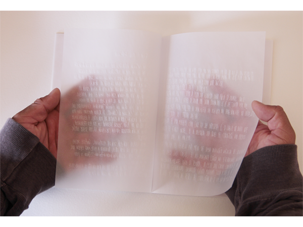  Figura 4 – Emanuel Monteiro, Livro de paisagens na neblina, 2014, ponta-seca sobre livro de papel manteiga, 21 x 15 cm. Foto: Iuri Dias.